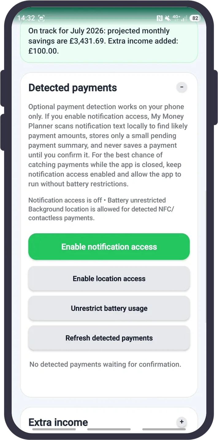 Detected payments awaiting confirmation in My Money Planner