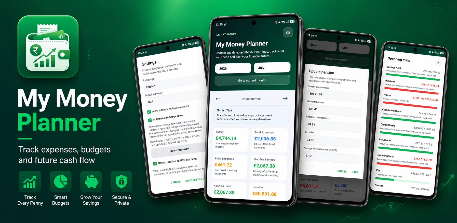 My Money Planner Android app shown across budgeting, pension and spending screens